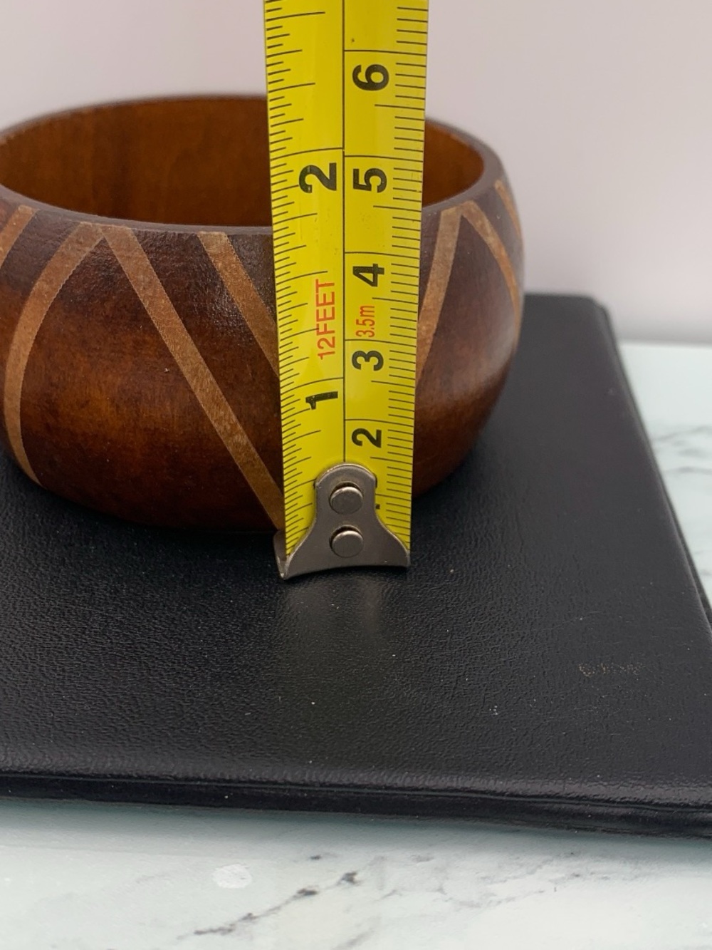 Handcrafted Brown Wooden Bangle with Inlaid Chevron Design - Picture 4 of 4
